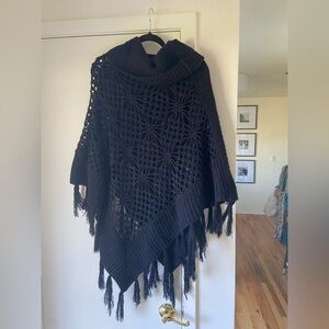 Bebe Black Tasseled Knit Poncho